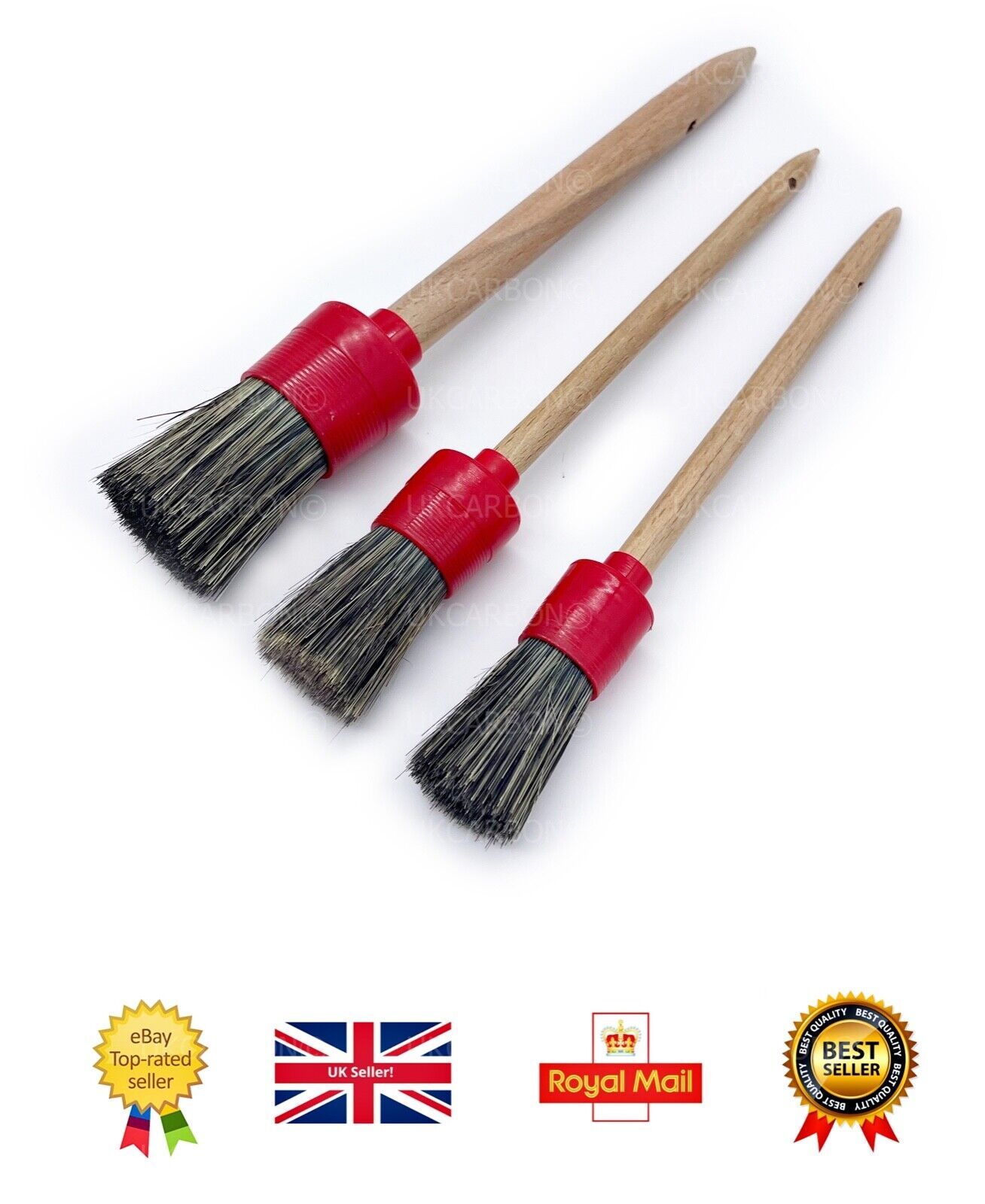 Car Valet Interior Alloy Wheel Cleaning Detailing REAL Boar Hair Brush Set of 3 - UKCarbon
