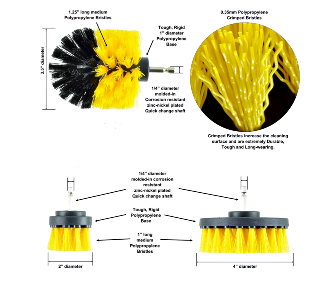 3x DRILL ATTACHMENT CLEANING BRUSH SET POWER SCRUB HOME CAR TILE BATHROOM YELLOW - UKCarbon
